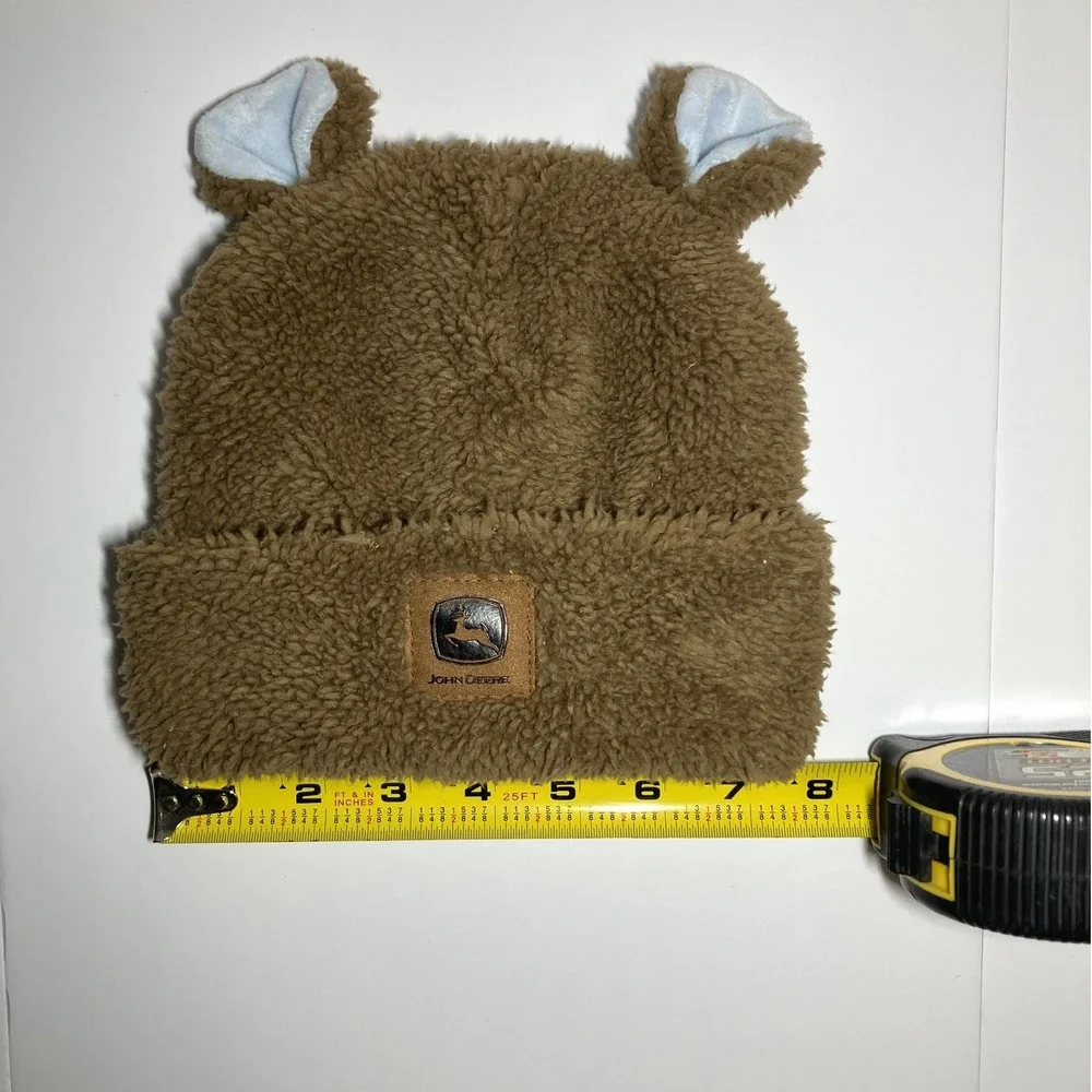 John Deere Brown Fuzzy Fleece Sherpa Hat Beanie Toddler Size Bear Ears Cute Cozy